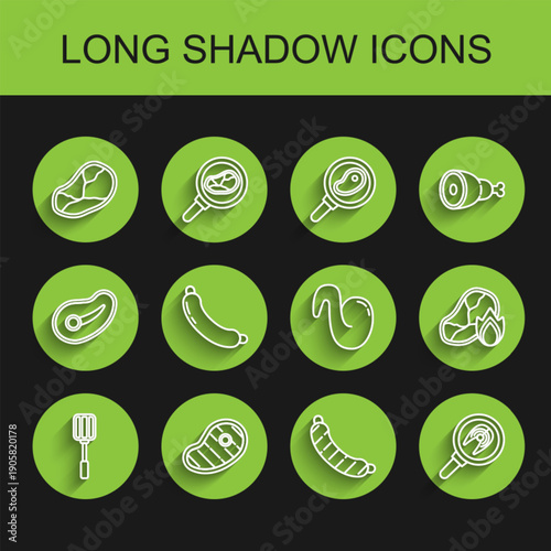 Set line Spatula, Steak meat, Sausage, Fish steak in frying pan, Grilled and fire flame and Fried chicken wing icon. Vector
