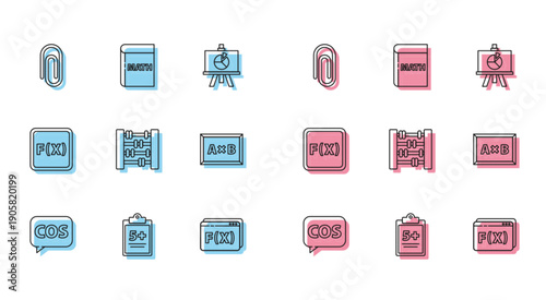 Set line Tablet with calculator, Book word mathematics, Geometric figure Pentagonal prism, Graph, schedule, chart, diagram, Calculation, Equation solution and Triangle icon. Vector