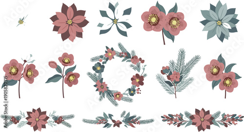 Floral designs and blooms in various shapes and arrangements on white background