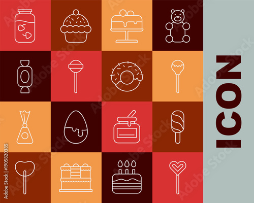 Set line Lollipop, Ice cream, Cake on plate, Candy, Strawberry jam jar and Donut icon. Vector