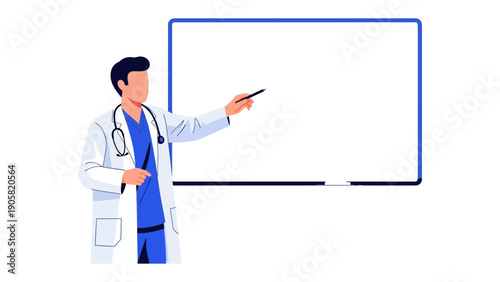 Medical Presentation: A doctor, smartly dressed in a white coat with a stethoscope, presents information.  He points towards a blank whiteboard, ready for informative visuals.