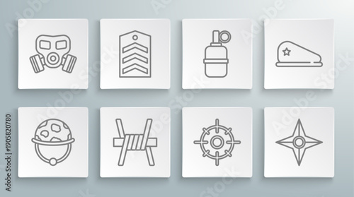 Set line Military helmet, Chevron, Barbed wire, Target sport, Japanese ninja shuriken, Hand grenade, beret and Gas mask icon. Vector