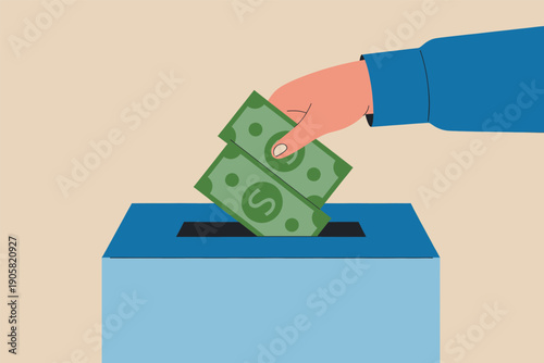 A hand dropping money into a blue donation box.