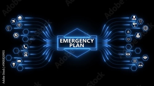 Emergency planning network animation with glowing data connections and technology icons, digital crisis response and preparedness strategy concept