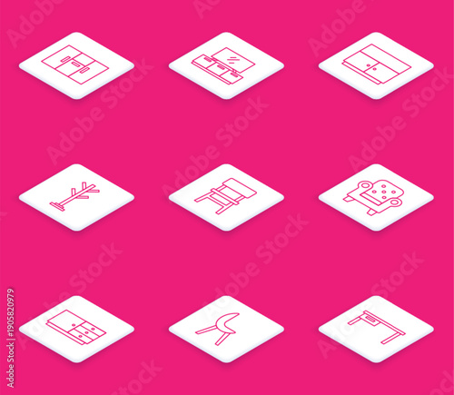 Set line Wardrobe, TV table stand, Coat, Chair, Armchair, Chest of drawers and icon. Vector