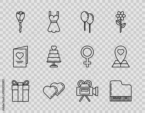 Set line Gift box, Grand piano, Balloons with ribbon, Two Linked Hearts, Flower rose, Wedding cake heart, Cinema camera and Map pointer icon. Vector