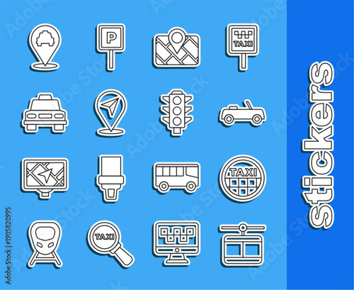 Set line Cable car, Taxi roof, Car, Gps device with map, Location, taxi and Traffic light icon. Vector