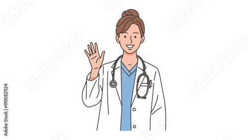 Welcoming Medical Professional: A friendly doctor, in a white coat and with a stethoscope, waves in greeting, conveying a sense of approachability and care.