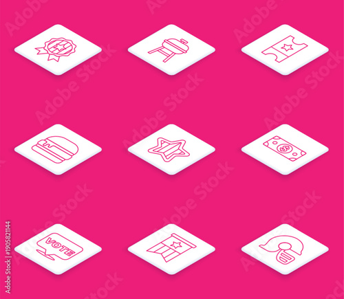 Set line Medal with star, Barbecue grill, Baseball ticket, Burger, USA Independence day, Stacks paper money cash, Vote and American flag icon. Vector