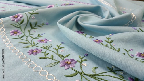 Hand Embroidered Floral Textile Fabric Close Up