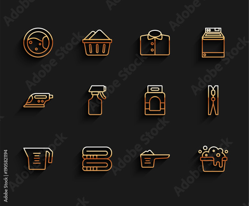 Set line Measuring cup, Towel stack, Washer, Washing powder, Basin with soap suds, Water spray bottle, Clothes pin and Laundry detergent icon. Vector