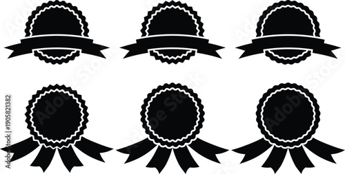 Modern flat badge and ribbon seal icon set in black silhouette style. Perfect for award labels, certificates, branding, quality stamps, and product packaging designs.