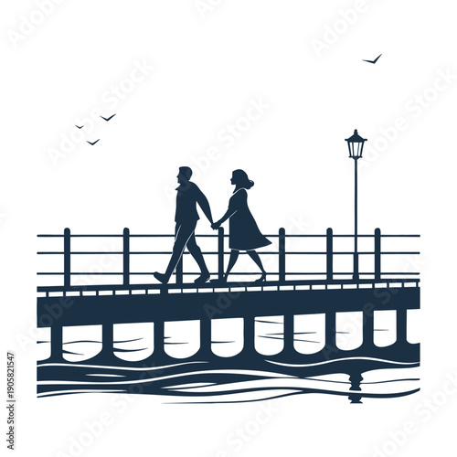 Romantic Silhouette of Couple Walking Together on Bridge at Sunset, Scenic Love and Relationship Concept Illustration