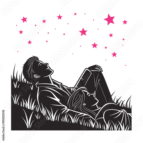Couple Stargazing in an Open Field at Night, Romantic Silhouette Under Starry Sky with Peaceful Nature Background