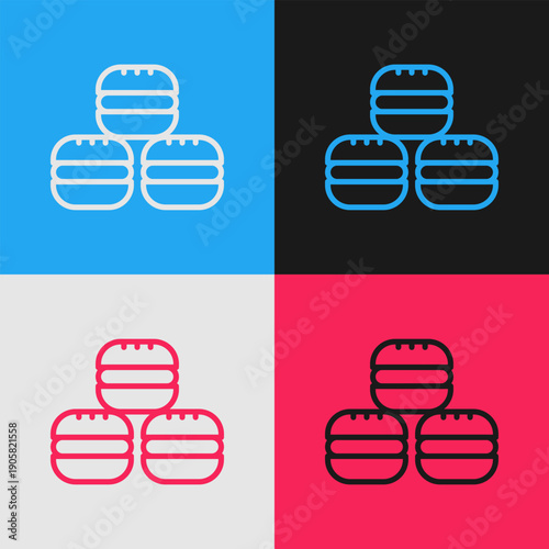 Pop art line Macaron cookie icon isolated on color background. Macaroon sweet bakery. Vector