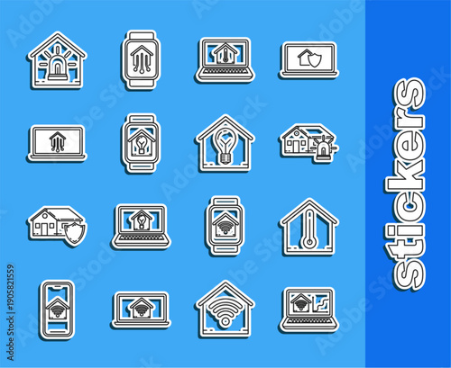 Set line Laptop with smart home with wi-fi, House temperature, Smart house and alarm, watch light bulb, and icon. Vector