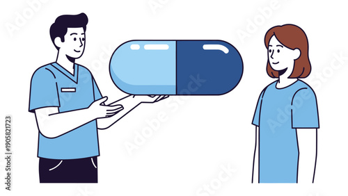 Healthcare Guidance: A healthcare professional extending a large capsule to a patient, symbolizing medical treatment, health, and well-being.