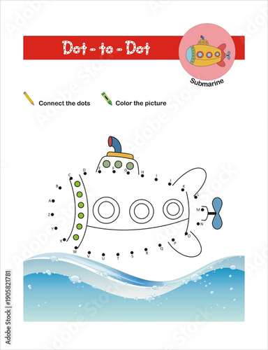Dot to dot activity worksheet for preschool kids. Connect the dots to draw a submarine. Activity of learning alphabets from A to Z. Pen control and handwriting practice.
