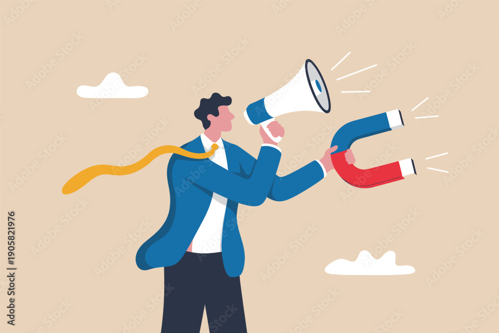 Αυτοκόλλητο A business professional using a megaphone to attract a magnet representing influence or opportunity