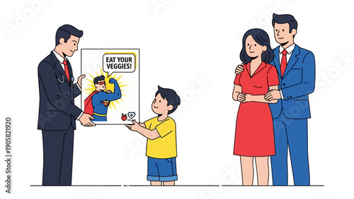 Healthy Habits: A scene illustrating the promotion of healthy eating habits among a family, showing the doctor presenting vegetables to child.