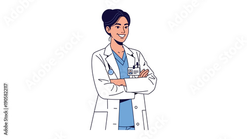 Confident Healthcare Professional: A friendly female doctor exudes assurance and competence, ready to provide compassionate care. She stands confidently with arms crossed in a professional setting.