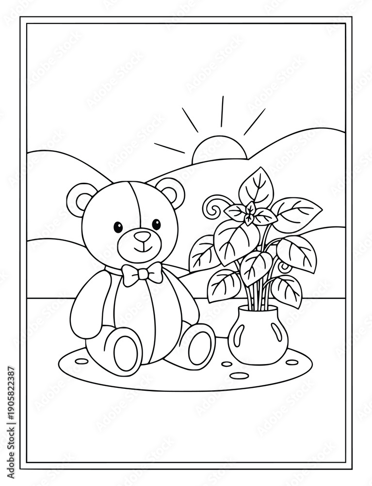 Fototapeta premium Teddy bear sitting by a potted plant coloring page for kids to enjoy art