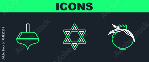 Set line Pomegranate, Hanukkah dreidel and Star of David icon. Vector