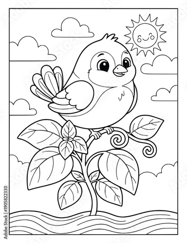 Sparrow character on a garden plant coloring page for kids to enjoy art