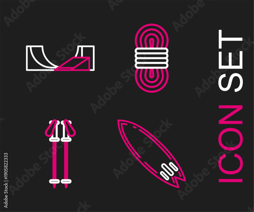Set line Surfboard, Ski poles, Climber rope and Skate park icon. Vector