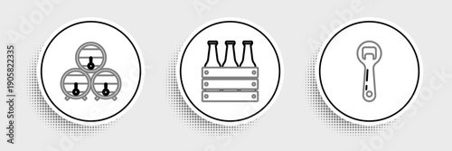 Set line Bottle opener, Wooden barrel on rack with stopcock and Pack of beer bottles icon. Vector