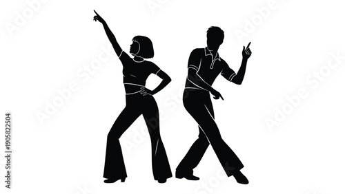 Two silhouettes dancing in a disco setting with retro outfits and dynamic poses. Vector