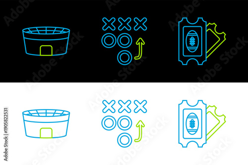 Set line American Football ticket, stadium and Planning strategy concept icon. Vector