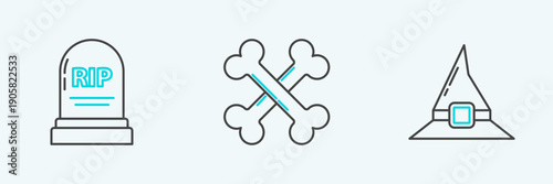 Set line Witch hat, Tombstone with RIP and Crossed bones icon. Vector