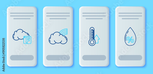 Set line Rainbow with clouds, Thermometer, Fahrenheit and and Water drop percentage icon. Vector