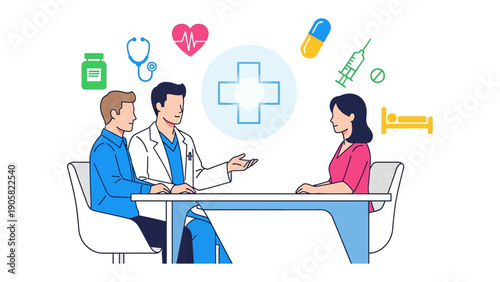 Healthcare consultation: A medical professional engages in a thoughtful discussion with two individuals, the scene is adorned with symbolic medical icons representing various aspects of patient care.