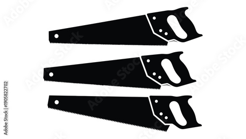 Three black-handled saws with silver blades arranged in a horizontal line Vector