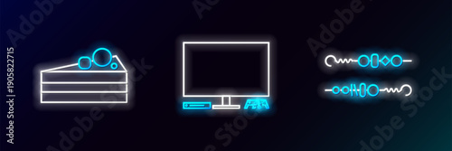 Set line Grilled shish kebab, Cake and Video game console icon. Glowing neon. Vector