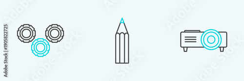 Set line Presentation, movie, film, media projector, Gear and Pencil icon. Vector