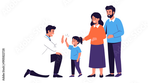 Healing Touch: A compassionate doctor extends a friendly gesture, offering a high-five to a young child, signifying health and reassurance in the presence of the child's supportive parents. 