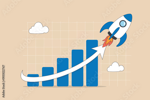 A rocket symbolizing growth and upward trajectory on a rising bar chart