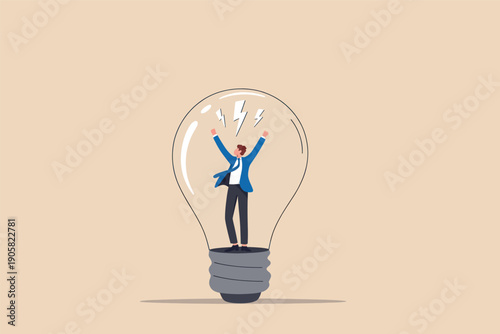 A triumphant figure emerging from a glowing light bulb symbolizing innovation and success