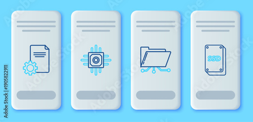 Set line Processor, Folder and lock, File document and SSD card icon. Vector