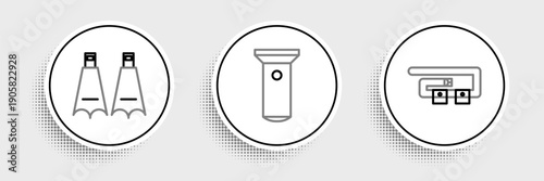 Set line Diving belt, Rubber flippers for swimming and Flashlight icon. Vector