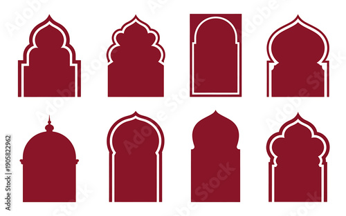 Red islamic architecture arches and domes on white background