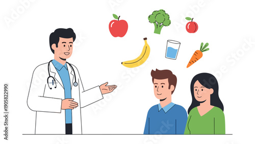 Nutrition Guidance: A healthcare expert is guiding a couple, presenting the essence of nutritious food choices. The image highlights health awareness. 