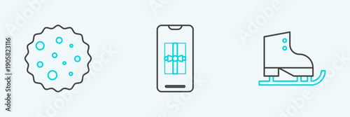 Set line Figure skates, Cookie or biscuit with chocolate and Smartphone gift box icon. Vector