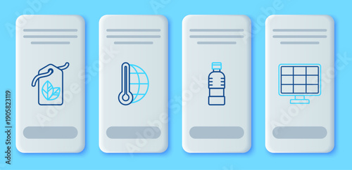 Set line Meteorology thermometer measuring, Bottle of water, Tag with leaf symbol and Solar energy panel icon. Vector