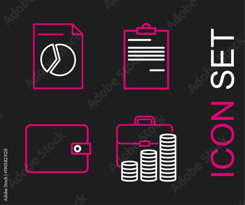 Set line Briefcase and coin, Wallet, Document and with graph chart icon. Vector
