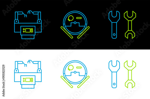 Set line Spanner, Assembly line and Robot vacuum cleaner icon. Vector
