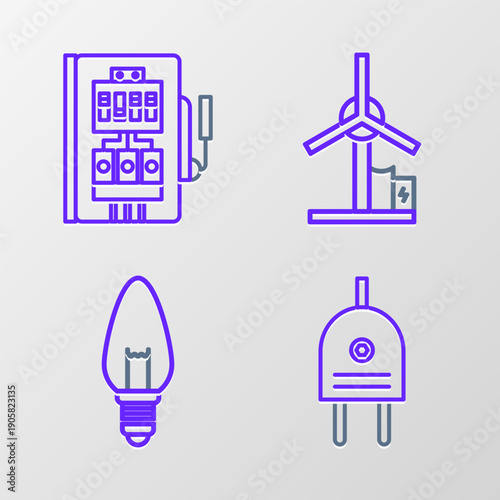 Set line Electric plug, Light bulb, Wind turbine and Electrical panel icon. Vector